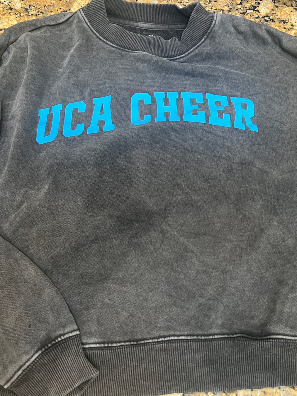 Varsity Charcoal Sweatshirt with Bright Blue UCA CHEER Print